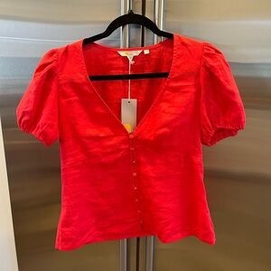 Boden Red Linen Puff Sleeve Blouse